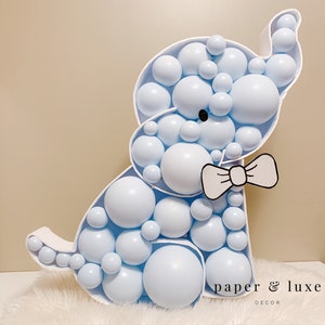 Thème baby shower éléphant garçon, décoration éléphant thème baby shower garçon bricolage, mosaïque de ballons, idées baby shower, décorations baby shower