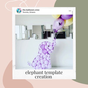 K&ouml;nnte beinhalten: Eine lilafarbene Ballon-Elefanten-Skulptur mit einer rosa Schleife und einem B&uuml;ndel lila, gelber und wei&szlig;er Ballons mit Schmetterlingsdekorationen.