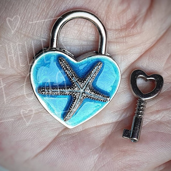 Blue heart padlock with starfish for BDSM discrete day collar,  Locking choker ownership submissive gift, Padlock with key & optional  chain