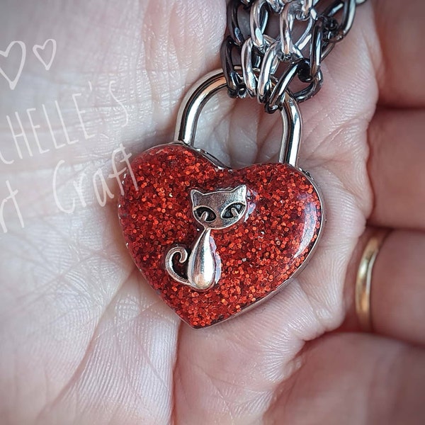 Red Heart Padlock With Cat For BDSM Discrete Day Collar,  Locking Choker Ownership Submissive Gift, Padlock Key & Optional Chain