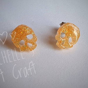 Orange skull earrings with sterling silver studs,  Skull resin earrings,  Resin studs,  Christmas gift for her