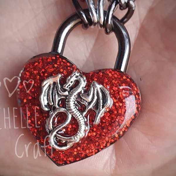 Red Heart Padlock With Dragon  BDSM Discrete Day Collar Locking Choker Ownership Submissive Gift Padlock With Key Optional Chain