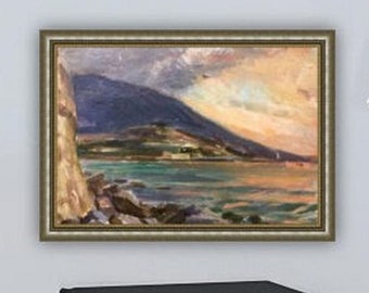 Vintage Seascape Oil Painting: USSR Artist Kostenko, Rocky Sea Bay (4.72x6.7in)