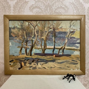 Original river landscape oil painting, autumn nature oil painting, river bank scenery by Ukrainian artist A.Kostenko, 1969. Vintage wall art