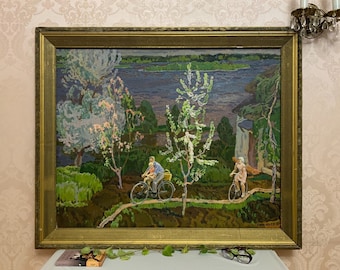 SPRING GENRE PAINTING Big vintage original oil painting on canvas  Ukraina artist A.Kostenko. Spring genre scene. Collectible Art of Ukraine