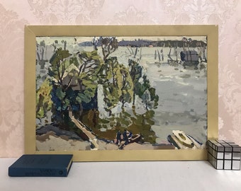 Vintage Impressionist Oil Painting: Spring River Landscape by USSR Artist Kostenko