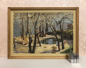 Winter oil painting. Vintage original winter river landscape, impressionist wall art by Ukrainian artist A. Kostenko. Winter nature painting