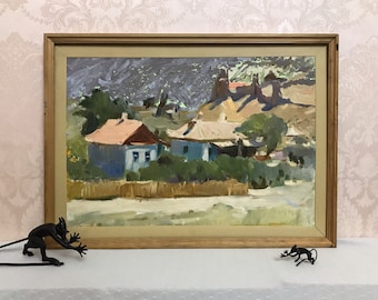 Vintage Ukrainian Oil Painting, Rural Landscape, Village Houses