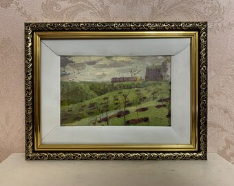 Small landscape oil painting, original miniature spring scenery by Ukrainian artist A. Kostenko. Countryside view. Little Vintage Wall Art.