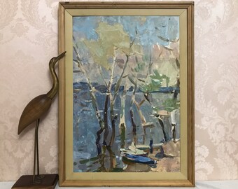 Vintage River Landscape Oil Painting, Ukrainian Art, Spring Scenery