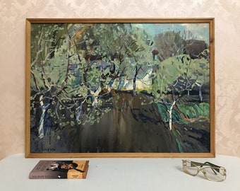 Vintage original oil painting on canvas Spring river landscape by Ukrainian artist A.Kostenko 1979. Trees on the river bank in early spring