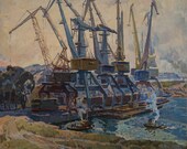 Vintage industrial original big oil painting by Soviet artist A.Kostenko, 1975, Cargo port on the river,realism, Signed industrial landscape