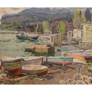 May include: A painting of a harbor scene with several boats docked along the shore. The boats are various colors, including white, brown, and green. The water is a light blue-green color, and the sky is a light blue color. There are trees and hills in the background.