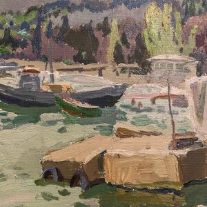May include: A painting of a harbor scene with boats docked at a pier. The boats are painted in shades of blue and brown, and the water is a light blue-green. The background is a hazy green and brown, suggesting trees and foliage.