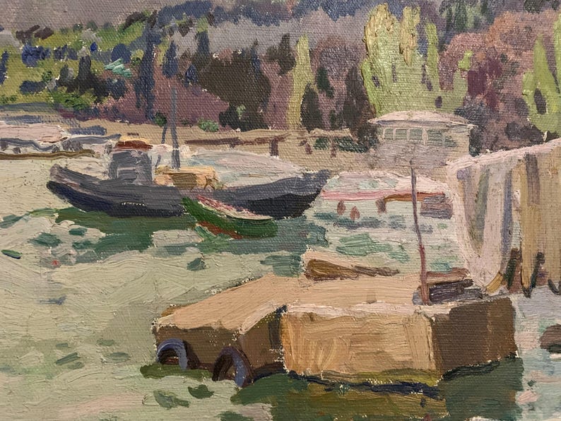May include: A painting of a harbor scene with boats docked at a pier. The boats are painted in shades of blue and brown, and the water is a light blue-green. The background is a hazy green and brown, suggesting trees and foliage.