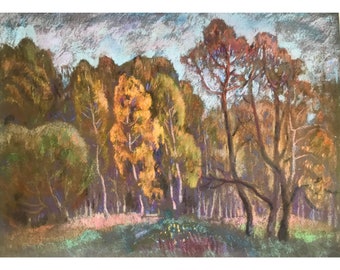 Vintage original forest painting. Autumn forest landscape. Pastel. Soviet Ukrainian artist V. Kostenko, Autumn forest. Ukrainian vintage art