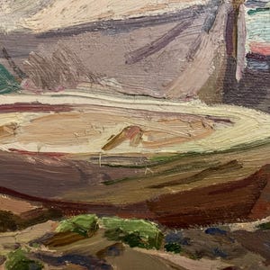 May include: A close-up of a painting depicting a wooden boat with a light brown interior, resting on a rocky shore. The boat is partially obscured by a green bush and a wooden structure in the background.
