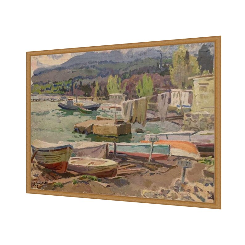 May include: A painting depicting a harbor scene with boats docked along the shore. The boats are various shades of blue, green, red, and yellow. The water is a light blue-green color. The background features a mountain range and trees.