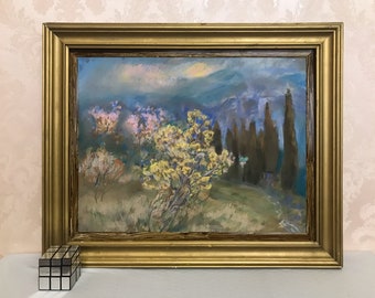 Spring evening in mountains Sunset landscape with flowering trees. Original vintage pastel painting by Ukrainian artist V.Kostenko. Wall art