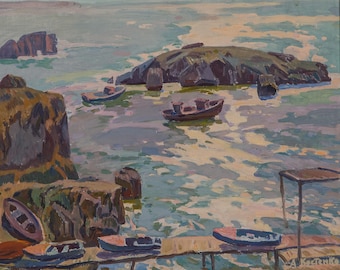 Vintage Seascape Oil Painting, Coastal Scene, Ukrainian Artist A. Kostenko, 1962