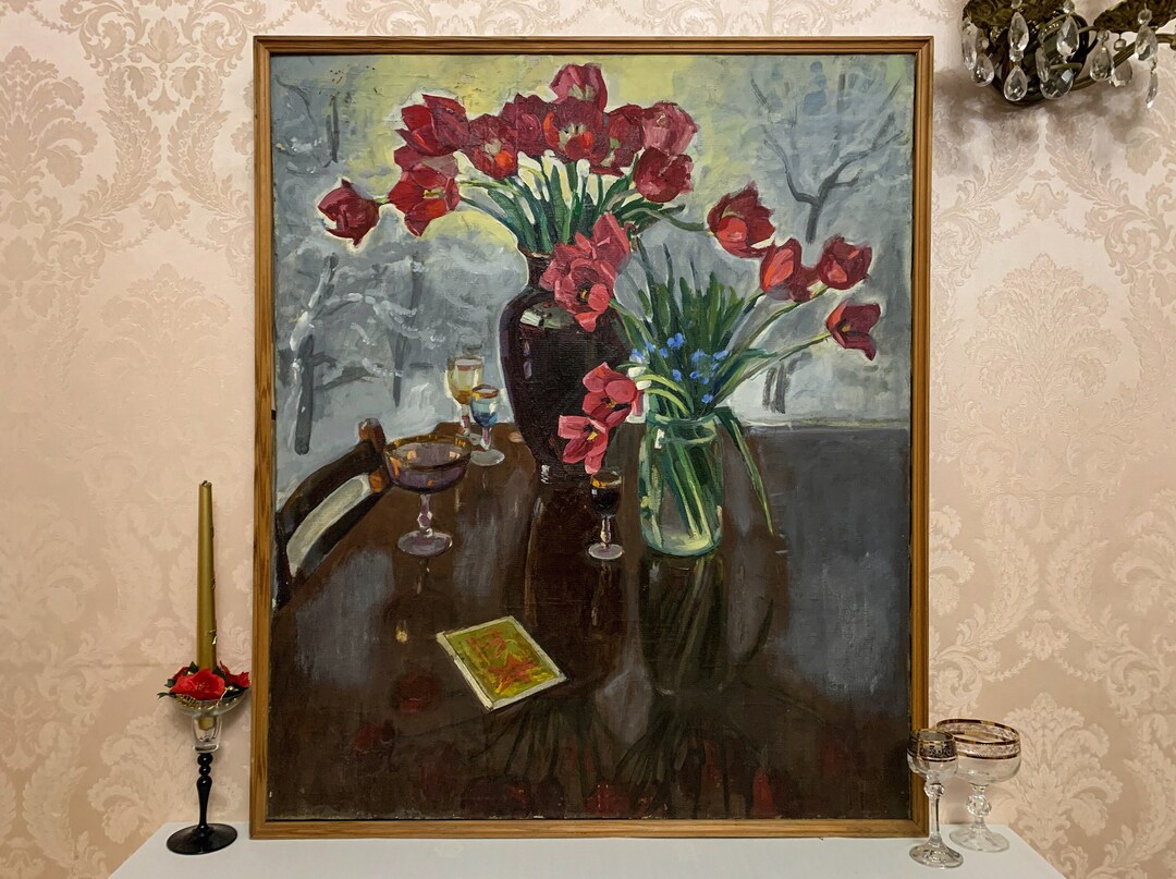 Red Tulips Oil Painting: Vintage Floral Still Life by V. Kostenko - Etsy