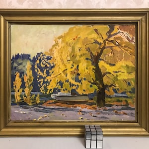 Peinture impressionniste ancienne : Paysage de rivière d&#39;automne par l&#39;artiste soviétique Kostenko