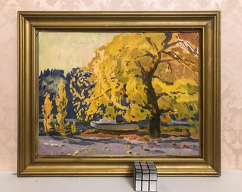 Antique Impressionist Oil Painting: Autumn River Landscape by USSR Artist Kostenko