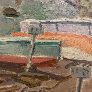 May include: A close-up of a painting depicting a boat with a red, orange, and white striped awning. The boat is docked at a pier with a wooden post and a sign that reads "NEXT".