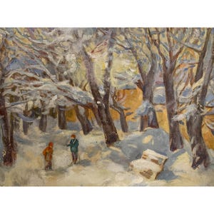 Vintage Impressionism Oil Painting: Winter Landscape with Skiers by V. Kostenko