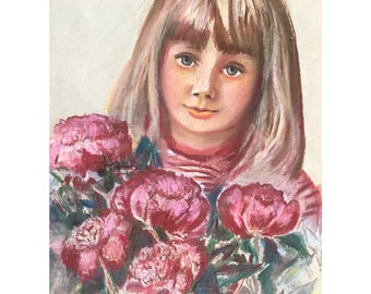 Vintage pastel painting, original signed female portrait, Soviet artist V. Kostenko, Girl with a bouquet of flowers. Female painting USSR.