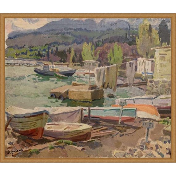 Vintage Seascape Oil Painting: Fishing Boats, Coastal Art by A. Kostenko