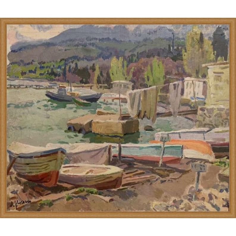 May include: A painting of a harbor scene with boats docked along the shore. The boats are various colors, including red, white, blue, and green. The water is a light blue-green color, and the sky is a light blue color. There are trees and hills in the background.