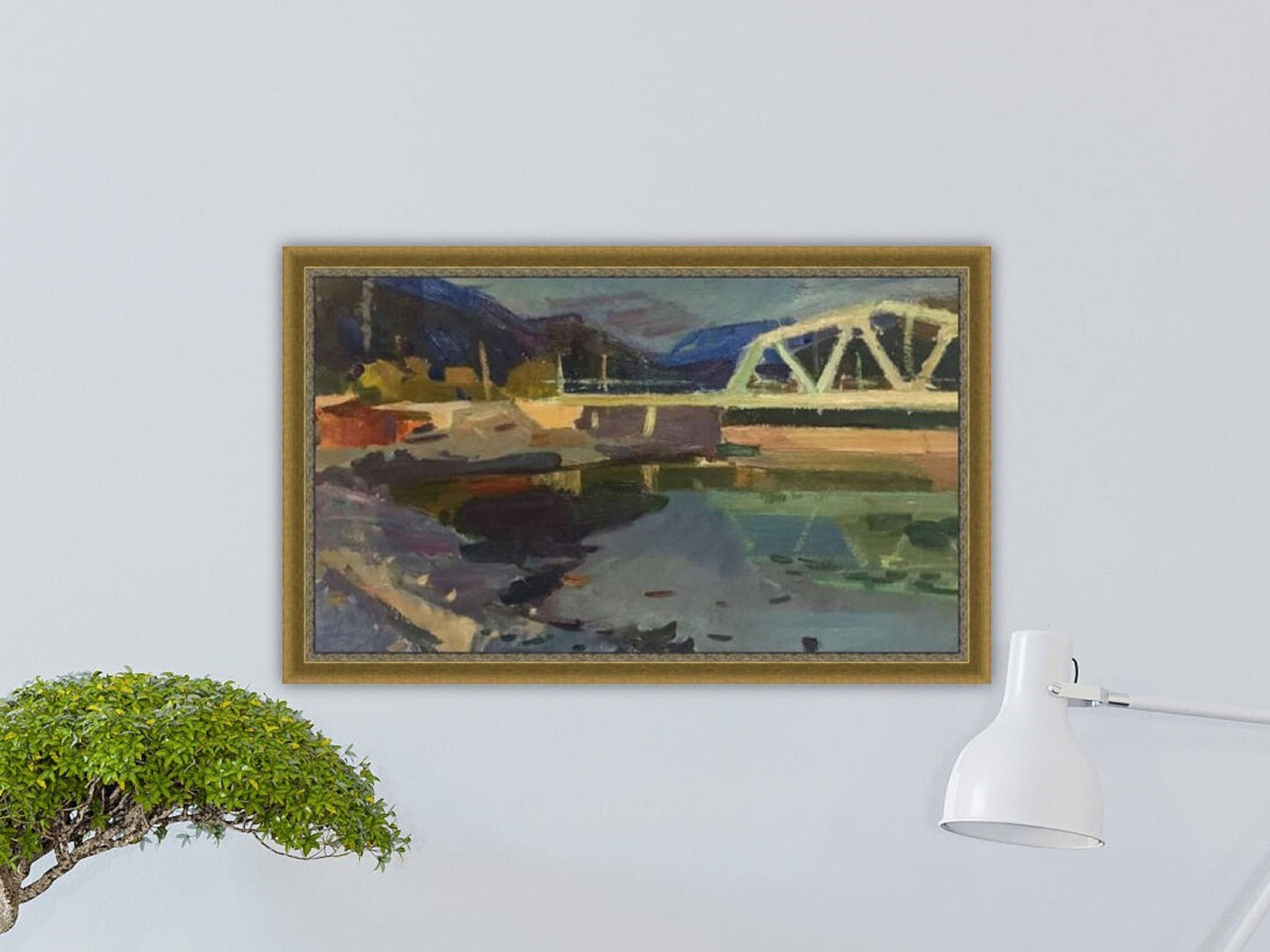 Antique river landscape oil painting of stone bridge, river oil painting, sunset landscape. Original artwork by Ukrainian artist A. Kostenko