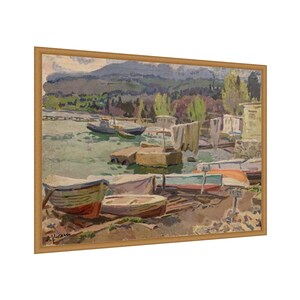 May include: A painting of a harbor scene with boats docked along the shore. The boats are various colors, including red, blue, green, and white. The water is a light blue-green color, and the sky is a light blue color. The background is a green hillside with trees.