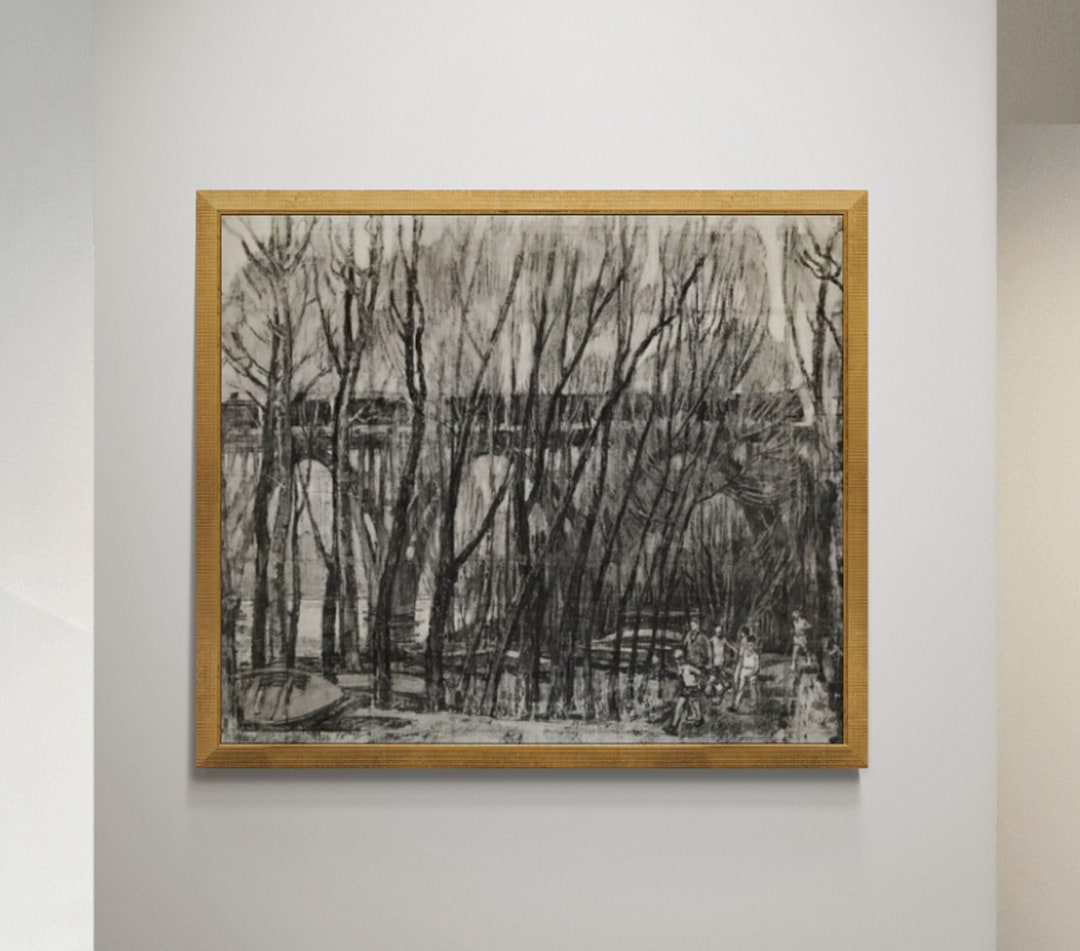 Original Vintage Charcoal Drawing on Canvas by Ukrainian Artist A. Kostenko. Big Park Landscape