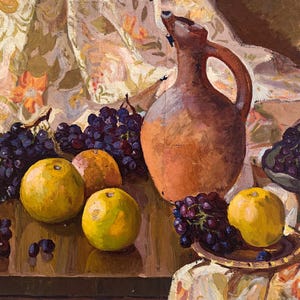 Large antique still life oil painting on canvas, still life with fruits, fruit oil painting. Original vintage art by USSR artist V.Kostenko