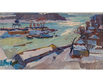 Antique Winter Seascape Oil Painting: Snowy Port, Boats, USSR Artist A.Kostenko (1969, 47x25")