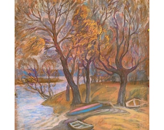 AUTUMN RIVER LANDSCAPE Original vintage pastel painting Ukraina artist V.Kostenko 1975 Trees on river bank. Boats. Painting of autumn nature