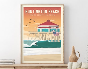 May include: A framed illustration of the Huntington Beach pier in Orange County, California. The pier is a wooden structure with a red-roofed building on top. A surfer rides a wave in the ocean. The sky is orange and yellow, and there are birds flying in the air.