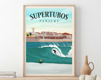 Supertubos Surf Poster, Peniche Surf print, Portugal Travel poster, Surfer Wall Art, Wave illustration, Above bed Decor