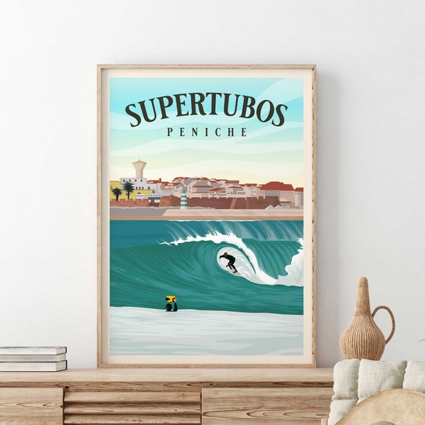 Supertubos Surf Poster, Peniche Surf print, Portugal Travel poster, Surfer Wall Art, Wave illustration, Over bed Decor