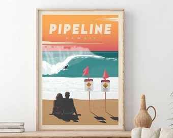 May include: A vintage-style poster with the text "PIPELINE HAWAII" in a yellow and orange sunset scene. The poster depicts a surfer riding a large wave with two people sitting on the beach in the foreground.