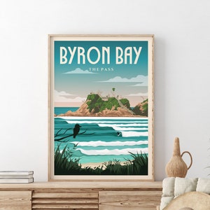 Byron Bay Surf Poster, The Pass Surf Illustration, Australia Travel Poster, Surf Print, Home Decor, Surf Gift, Different Sizes, Beach Poster