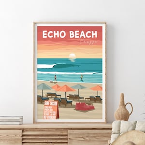 May include: A colorful illustration of Echo Beach, Canggu, Bali. The illustration features a sunset over the ocean with surfers in the water. There are beach umbrellas and lounge chairs on the sand. A sign reads "Surf Lesson, Cold Beer, Good Vibes, No Problem".