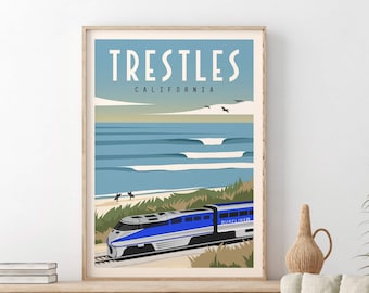 Póster de surf de California, Arte de surf de Trestles, Impresión de surf de California, Playa de Trestles, Ilustración de surf, Ilustración de olas, Regalo para surfistas