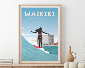 May include: A retro-style poster with the text "WAIKIKI HAWAII" at the top. The poster features a woman in a pink bikini surfing on a wave with a city skyline in the background.