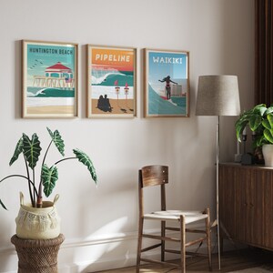 Surf Poster set of 3, Best Surf spots, Huntington Beach, Hawaii Pipeline, Hawaii Waikiki