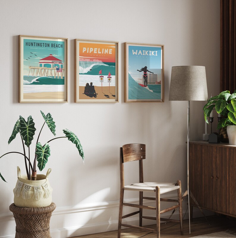Surf Poster set of 3, Best Surf spots, Huntington Beach, Hawaii Pipeline, Hawaii Waikiki