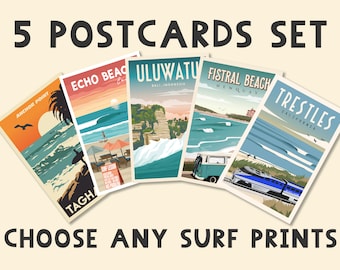 Set di cartoline di surf, set di 5 cartoline, cartoline di surf