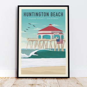 Black Framed California Surfing Artwork of Huntington Beach